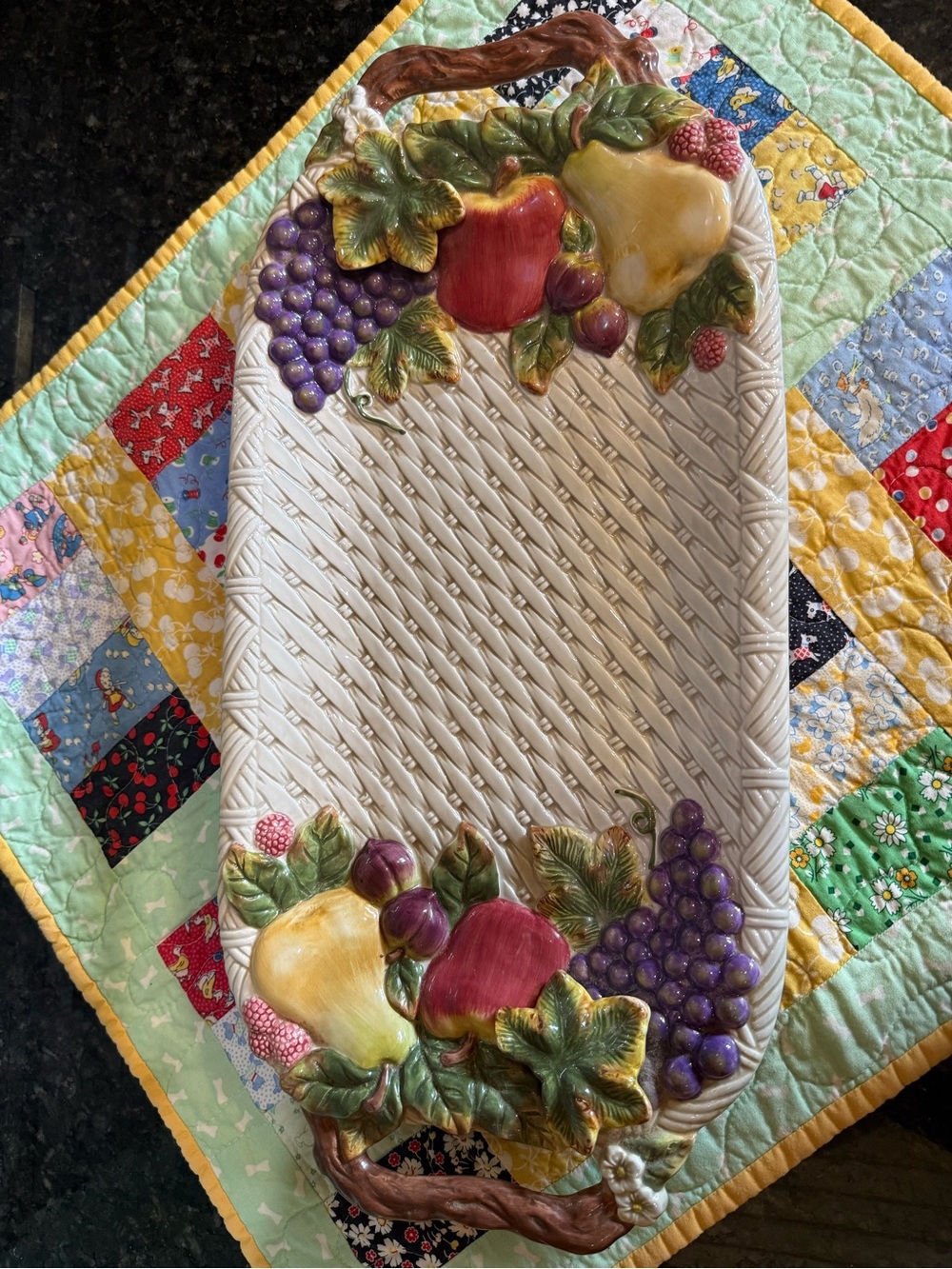 Vintage Fruit Cornucopia Basket Weave Ceramic 21” Serving Platter